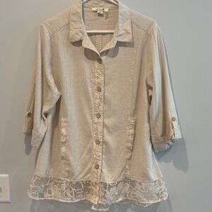 Simply Noelle Cream Button Down Shirt with Floral Hem